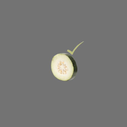 A halved cucumber slice with a green arrow pointing towards it, highlighting its fresh and crisp texture.