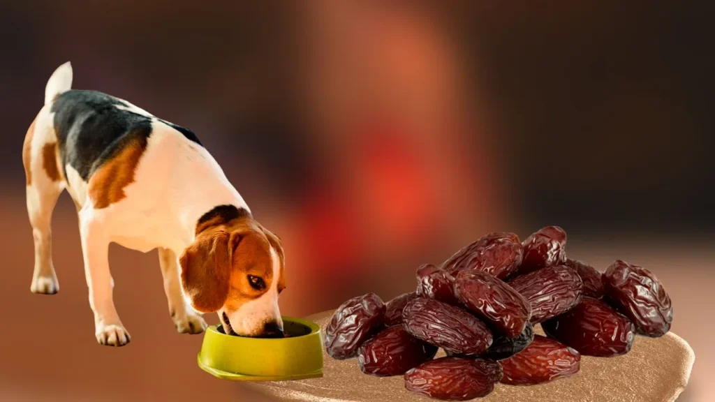 A dog happily eating dates next to a bowl filled with dog food, showcasing a playful and healthy mealtime.