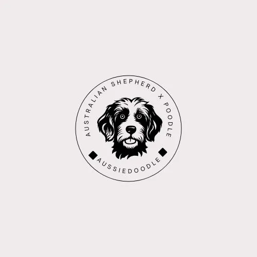 Black and white logo featuring an Australian Shepherd dog, showcasing its distinctive features and playful spirit.