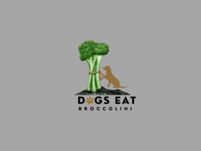 A dog happily munching on broccoli, accompanied by the text "Dogs Eat Broccoli" in a playful font.